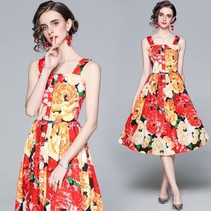 Printed Single-breasted Button-embellished Slim Fit Holiday Slip Dress